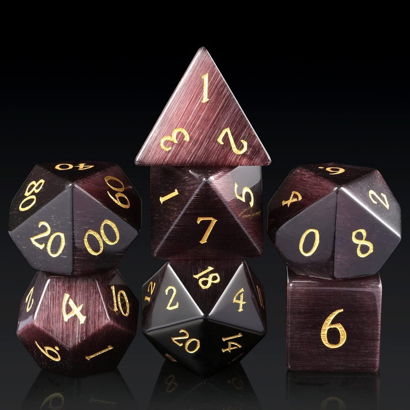 DNDND Gemstone D&D Dice 7 PCS Purple Cat's Eye Dice with Gorgeous Gift Case for DND Dungeons and Dragon Table Game (Purple Cat's Eye) - Image 1